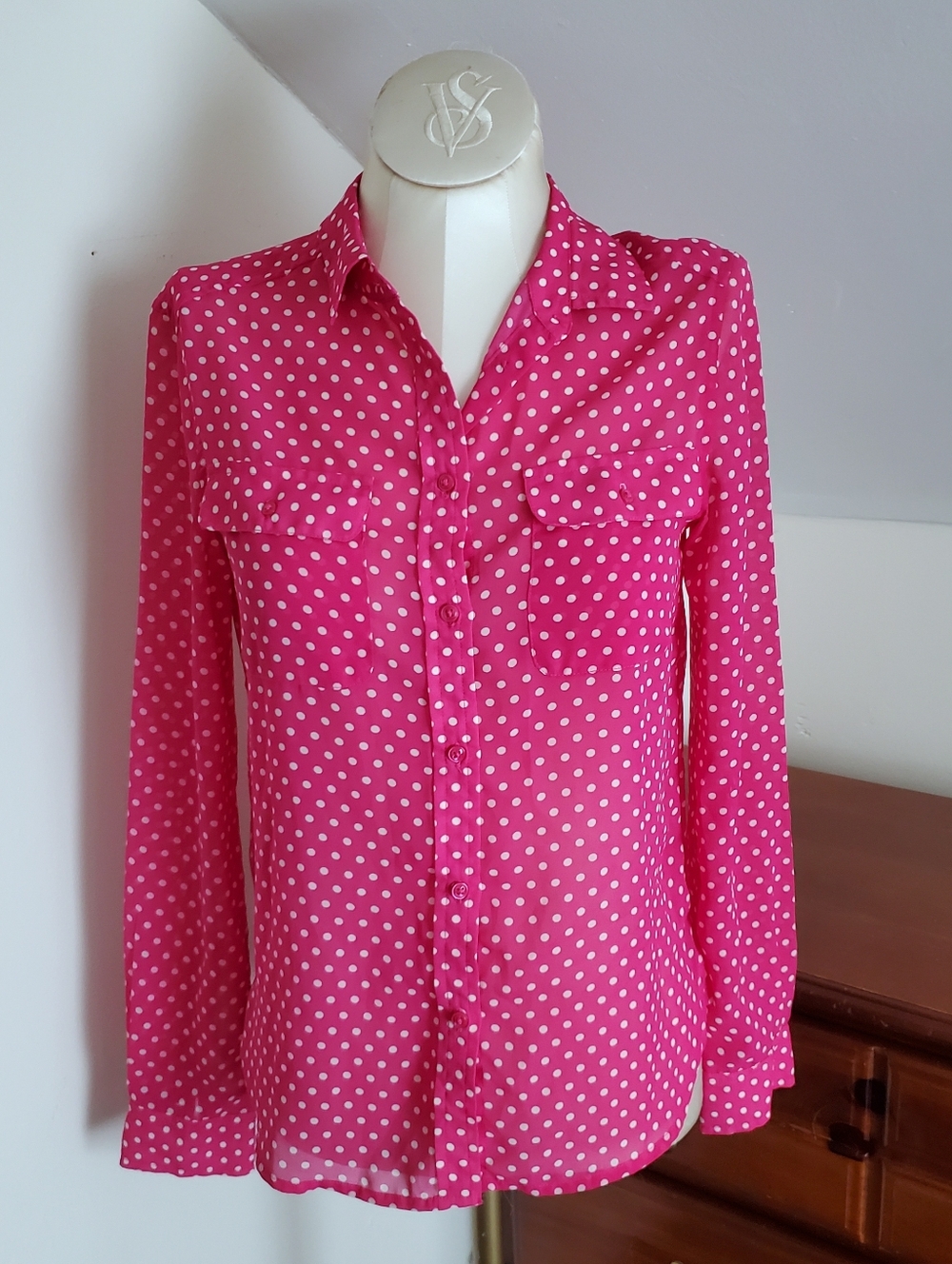 American Eagle Pink Polka Dot Button-Up Blouse